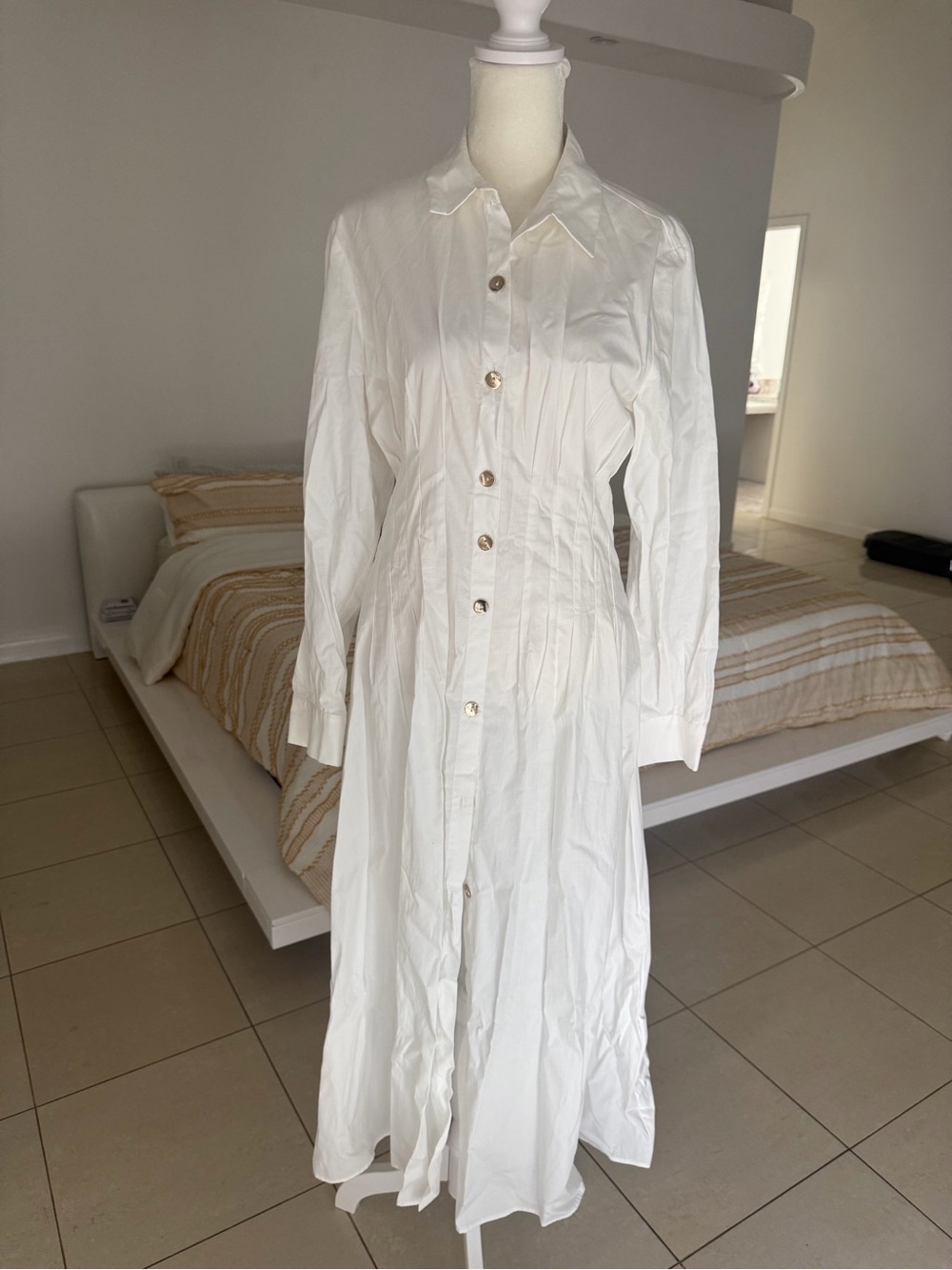 Zara White Long-Sleeve Button-Front Maxi Shirt Dress